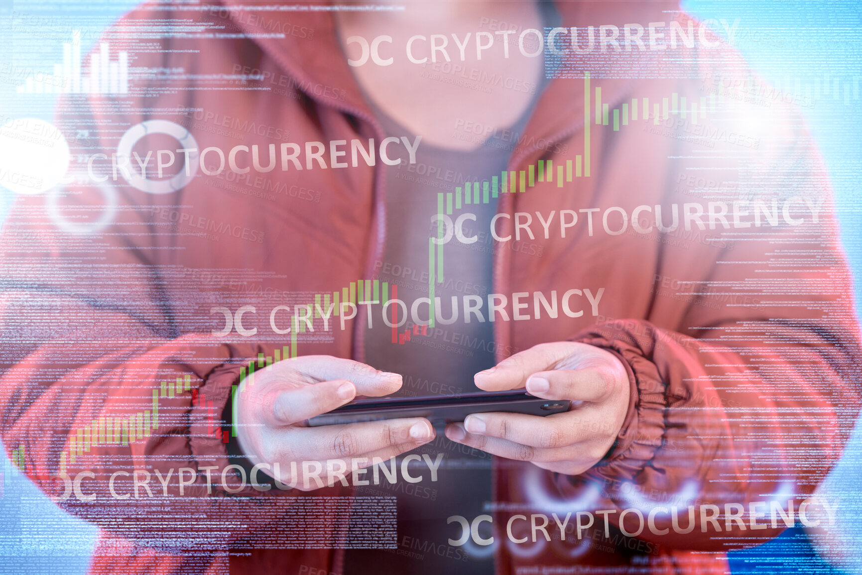Buy stock photo Cryptocurrency hologram, phone or hands of woman trading on stock market to check financial investments. Closeup, charts data or trader reading price growth news in global or digital economy online 