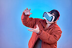 Vr gaming or girl in metaverse studio for future innovation, gaming or 3d on blue background. Futuristic media mockup, technology software or woman gamer with digital virtual reality glasses online 