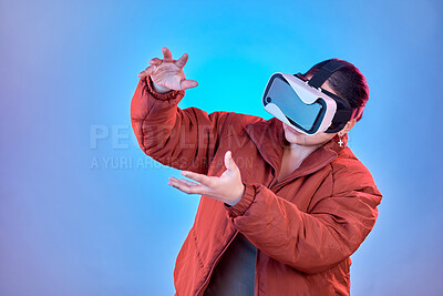 Buy stock photo Vr gaming or girl in metaverse studio for future innovation, gaming or 3d on blue background. Futuristic media mockup, technology software or woman gamer with digital virtual reality glasses online 