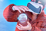 Metaverse, woman or virtual reality Earth with overlay for digital transformation, global network online. Girl withl vr headset in holographic cyber 3d technology for big data, globe or future news