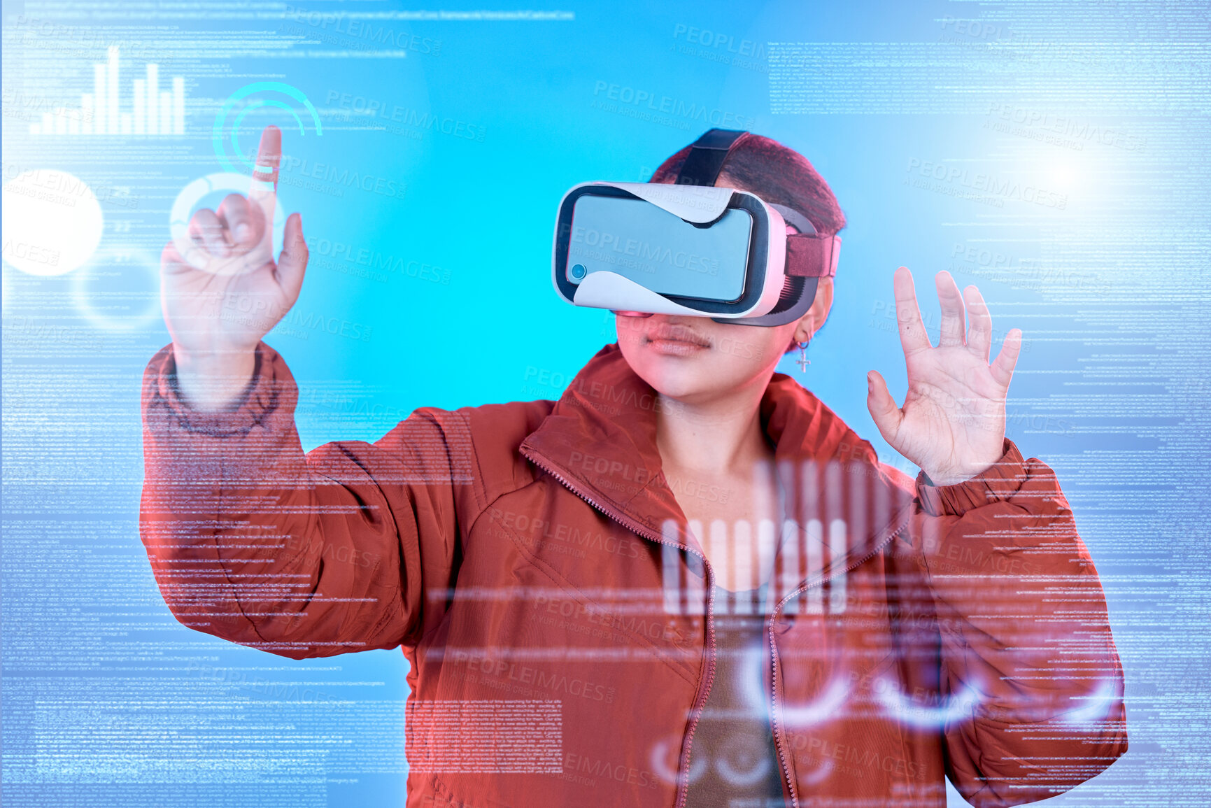 Buy stock photo 3d, woman or virtual reality glasses with overlay for digital transformation, charts info or graphs online. Girl hacker with vr headset in holographic cyber technology for big data ux or future news 