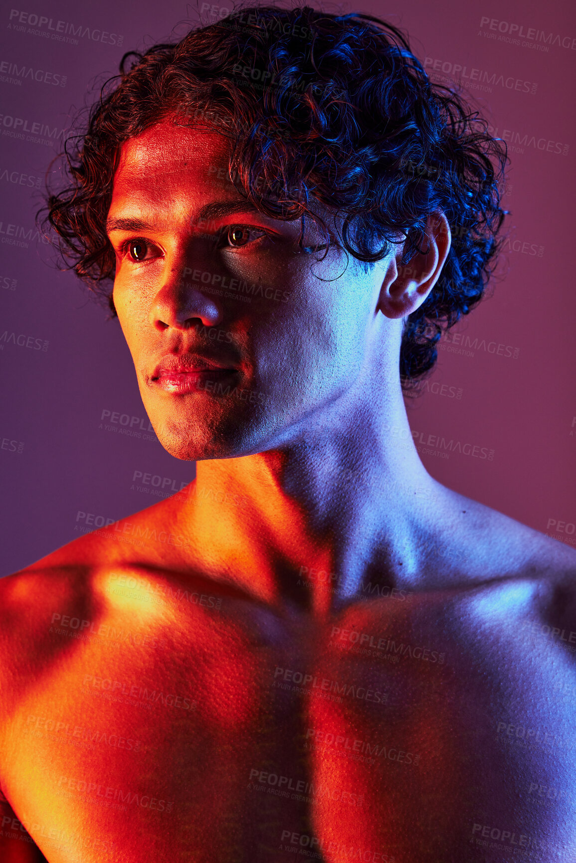 Buy stock photo Light, shirtless or man in studio with art lighting and thinking with self care and neon. Focus, isolated and dark background of an attractive male model with artistic, creative and wellness fitness