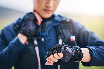 Buy stock photo Pulse check, smart watch and woman hands in the countryside ready for fitness and exercise. Sports, training and runner time of a female athlete looking at workout app for health and wellness