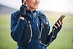 Music, phone hands and woman in the countryside ready for fitness and exercise with mockup. Sports, run training and mobile headphones of a female athlete with audio and web radio for workout