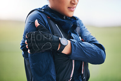 Buy stock photo Closeup, fitness and woman outdoor, shoulder pain and muscle tension while training, workout and emergency. Zoom, female athlete and person with inflammation, broken and bruise with medical problem