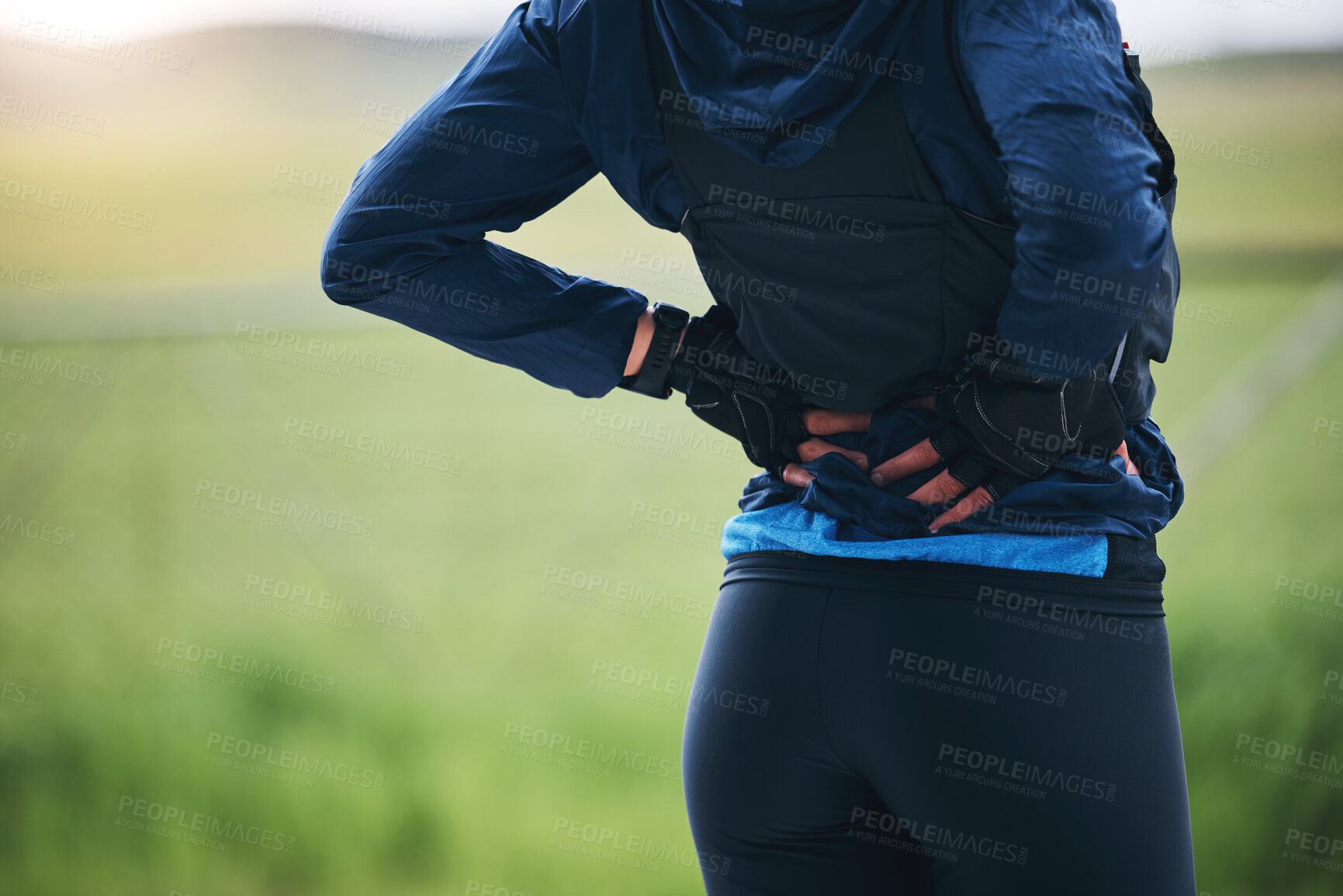 Buy stock photo Back pain, fitness and sports woman outdoor with scoliosis, health risk and burnout from marathon. Closeup female athlete, spine injury and joint problem of tired muscle, first aid and emergency care