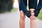 Hands, knee pain and sports injury with woman in nature for running, training and workout. Emergency, accident and joint  inflammation with female runner in outdoors for muscle, mockup and bruise