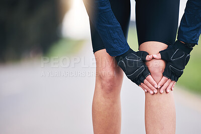 Buy stock photo Hands, knee pain and sports injury with woman in nature for running, training and workout. Emergency, accident and joint  inflammation with female runner in outdoors for muscle, mockup and bruise