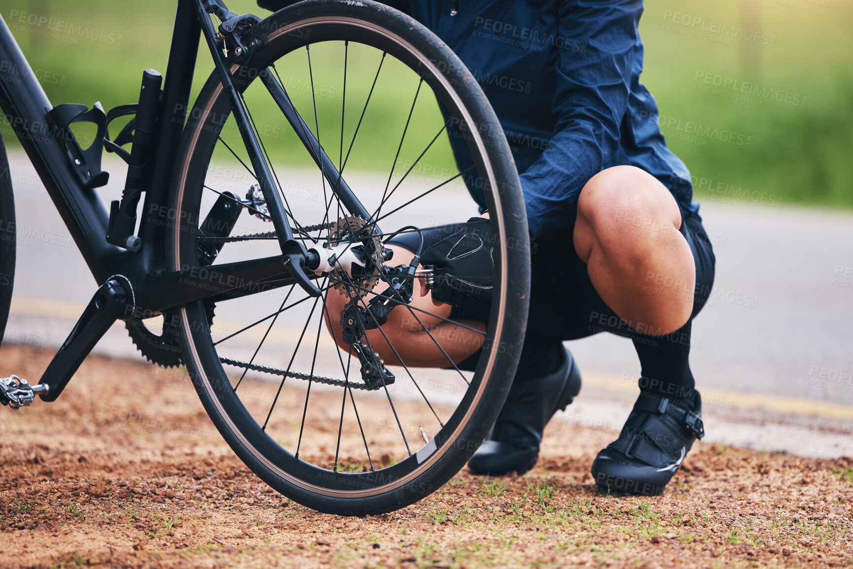 Buy stock photo Person, bike and wheel repair outdoor for training, triathlon sports and transportation problem. Closeup of athlete, bicycle and check tire chain for travel safety, cycling maintenance and fixing hub