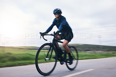 Buy stock photo Woman, bicycle and nature road with motion blur for fitness, health and eco friendly travel on summer adventure. Cycling girl, bike and fast at workout, training and journey on countryside street