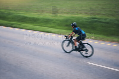 Buy stock photo Person, cycling and speed with motion blur outdoor on bike in countryside of training, triathlon and sports power. Athlete, bicycle and marathon race of fitness, energy and performance on mockup road