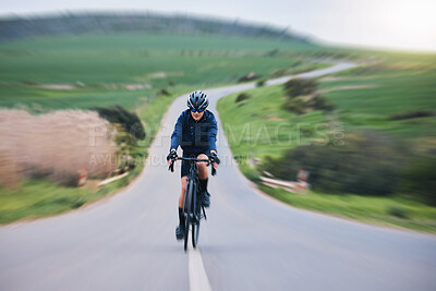 Buy stock photo Fitness, race and cycling with woman in road for training, competition or championship. Workout, sports and triathlon with female cyclist riding on bike and fast for freedom, exercise and motion blur