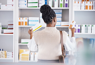 Buy stock photo Woman, drugs and shelf for healthcare illness, pain or relief at pharmacy looking at pills or medication. Sick female customer or patient taking pharmaceutical products for self diagnosis at a clinic