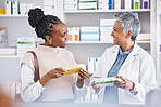 Happy doctor, consulting and patient for healthcare prescription, medication or advice for illness or pain at pharmacy. Woman medical pharmacist talking to customer about pills or drugs at the clinic
