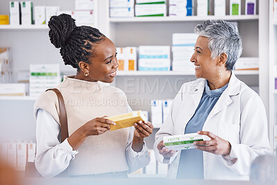 Buy stock photo Happy doctor, consulting and patient in pharmacy for healthcare prescription, medication or advice for illness or cure. Woman medical pharmacist talking to customer about pills or drugs at the clinic
