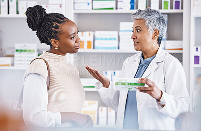 Buy stock photo Doctor, consulting and patient for healthcare prescription, medication or diagnosis for cure, illness or pain at pharmacy. Woman medical pharmacist talking to customer about pills or drugs at clinic