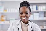 Black woman, doctor and portrait smile in healthcare, pharmacy or medication consultant at clinic. Face of happy African American female medical professional or pharmacist smiling in health insurance