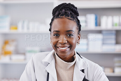 Buy stock photo Black woman, doctor and portrait smile in healthcare, pharmacy or medication consultant at clinic. Face of happy African American female medical professional or pharmacist smiling in health insurance