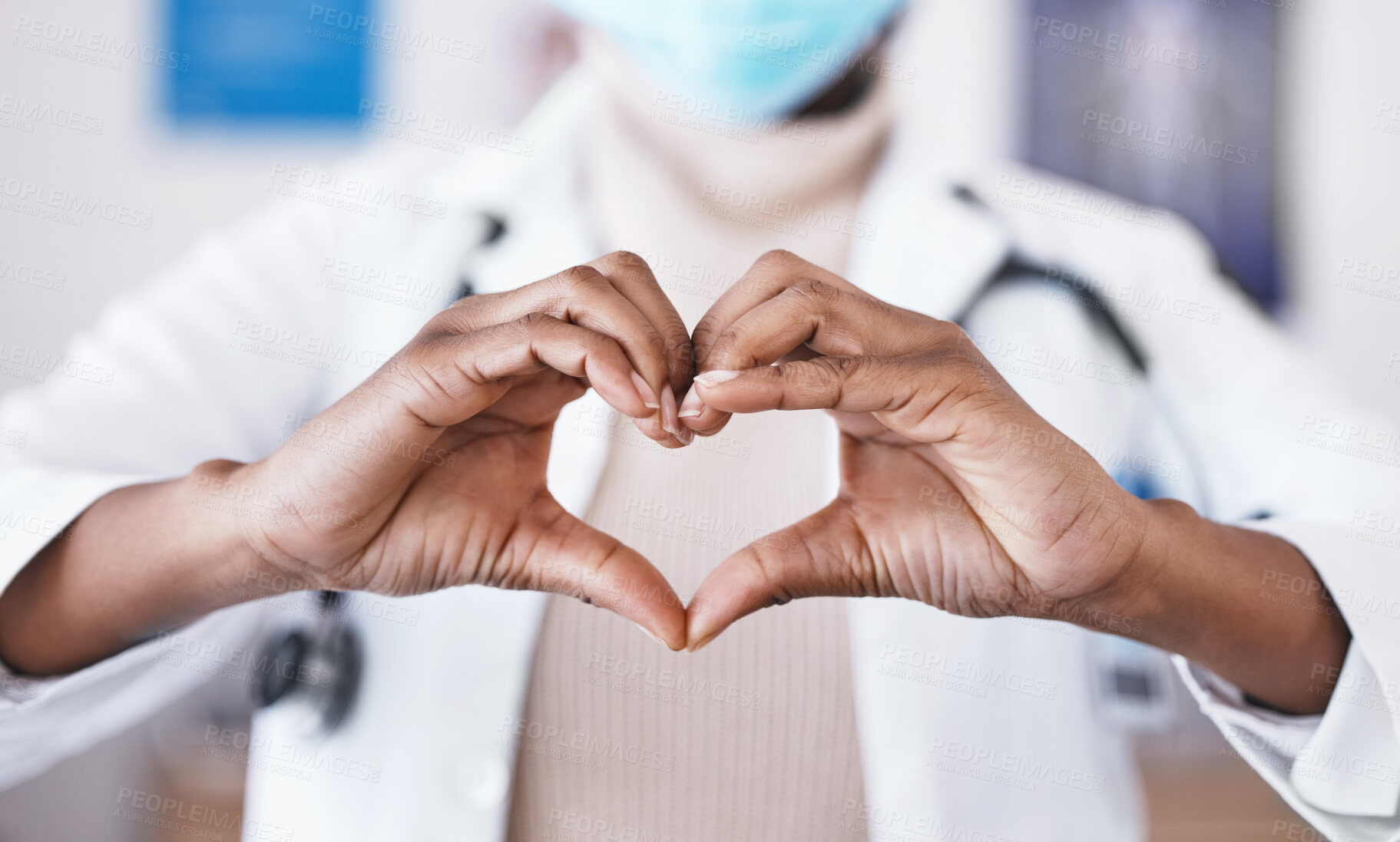 Buy stock photo Doctor, hands and heart sign for healthcare or love and care for career as medical worker in hospital. Hand gesture of woman to show support, hope or emoji for charity, cardiology or health insurance