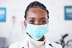 Doctor, portrait and covid mask on face for healthcare, medical help and safety compliance in a hospital. Professional female person or expert with ppe health, wellness and medicine support in clinic