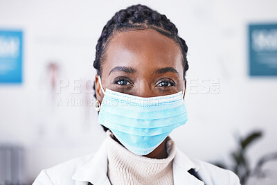 Buy stock photo Doctor, portrait and covid mask on woman for healthcare, medical help and safety compliance in hospital. Face of professional African person with ppe health, wellness and medicine support in clinic