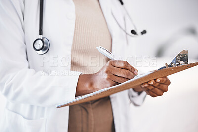 Buy stock photo Doctor, woman hands and clipboard with consultant contract and insurance agreement document. Hospital, clinic and healthcare worker with writing and paperwork for report and surgeon application