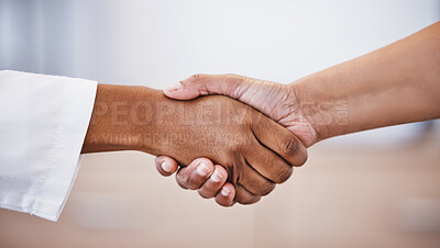 Buy stock photo Doctor, handshake and meeting in thank you for healthcare, agreement or deal at hospital. Medical professional shaking hands with patient for healthy wellness, consultation or partnership at clinic