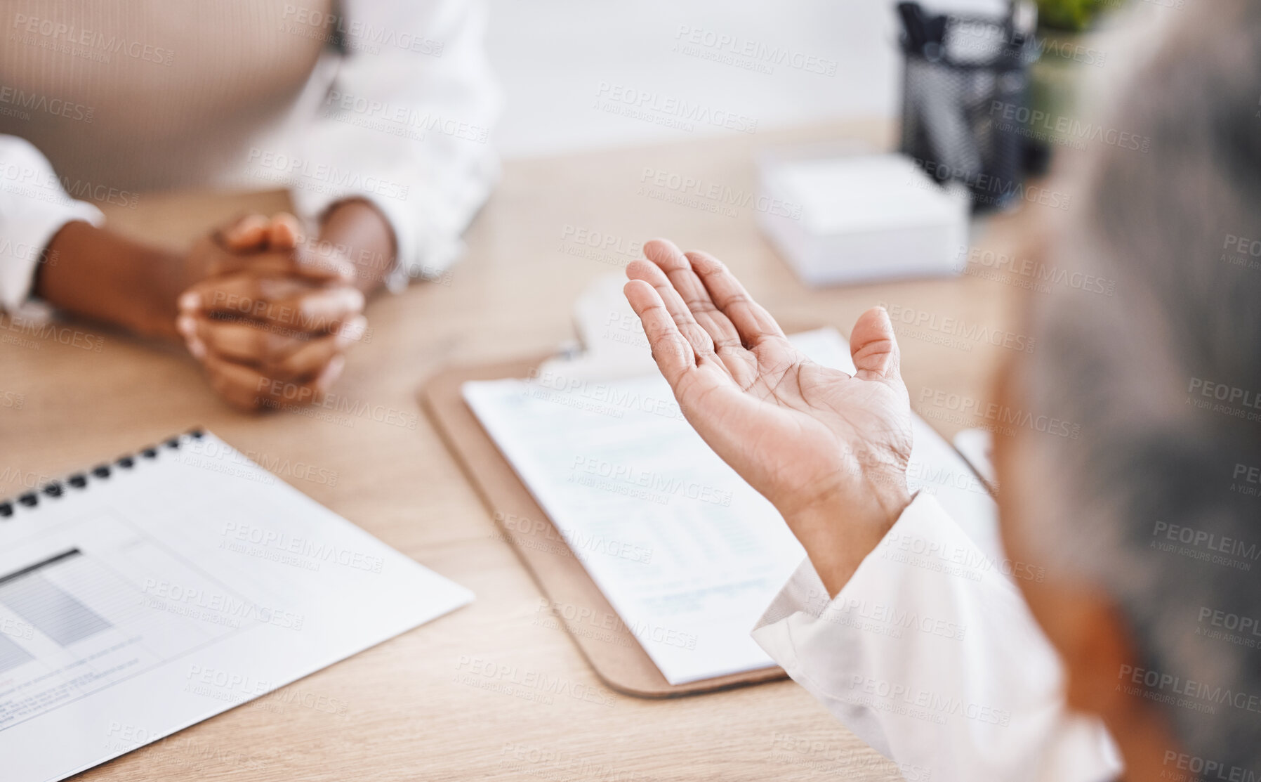 Buy stock photo Doctor talk, woman hands and clipboard with consultant contract and insurance agreement document. Hospital, clinic and healthcare worker with writing and patient report with communication and support