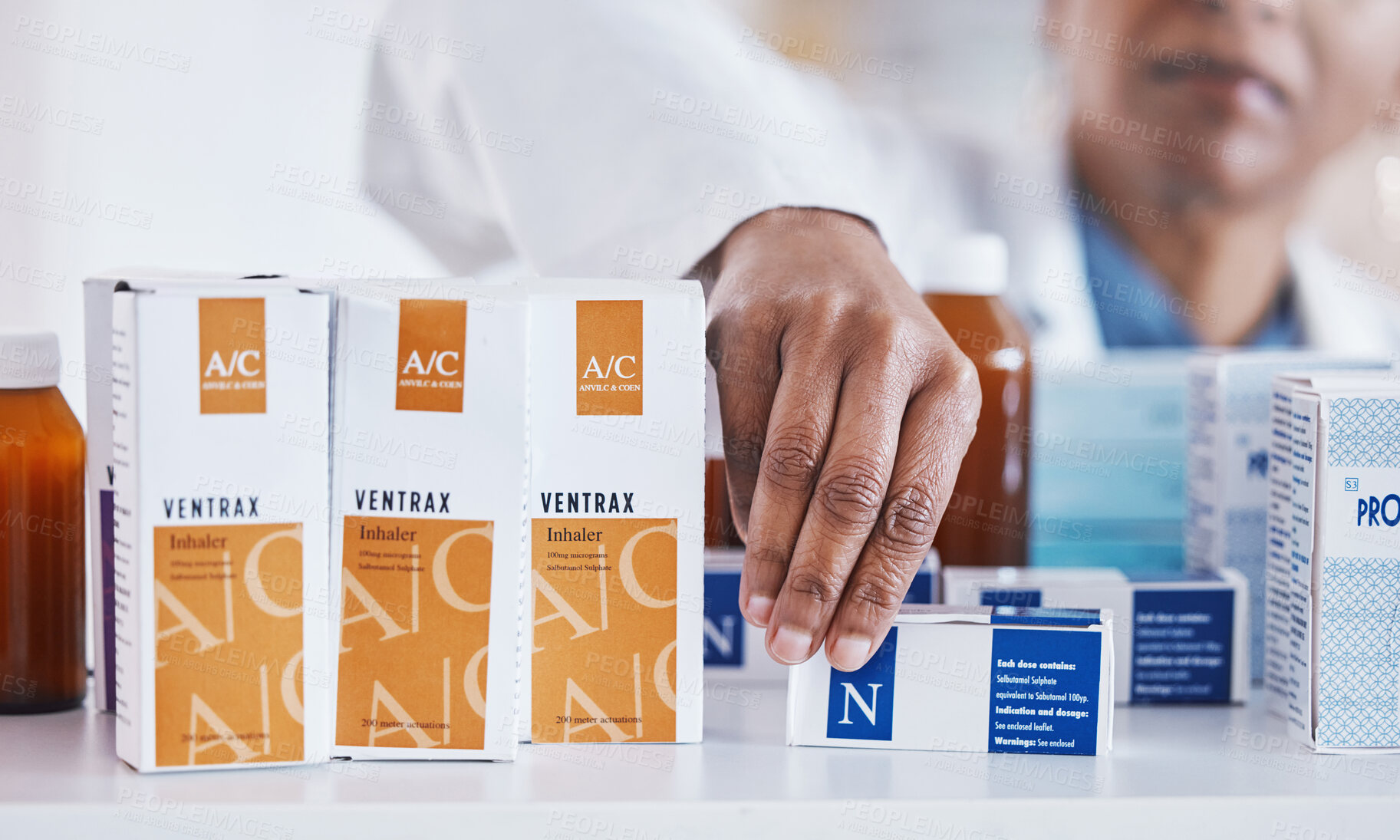 Buy stock photo Pharmacist hand, shelf or packing box for stock, inventory or organized store for wellness. Pharmacy business owner, woman and medicine to organise pills for customer experience at retail health shop