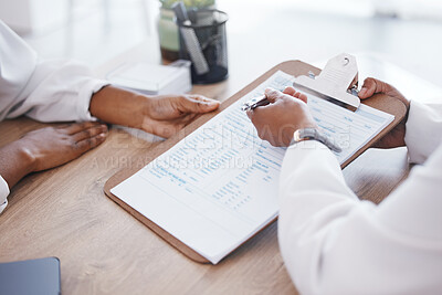 Buy stock photo Doctor, woman hands and clipboard signature with patient contract and insurance agreement document. Hospital, clinic and healthcare help with writing and paperwork for report and surgeon application