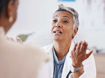 Buy stock photo Senior woman, doctor and consultation with question, listen or conversation for healthcare, wellness or advice. Elderly medic, consulting patient and talking in hospital, clinic or listen for problem