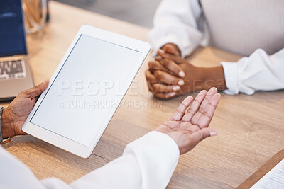Buy stock photo Doctor, hands and mockup tablet for consulting, Telehealth or healthcare with patient on office desk at hospital. Hand of medical professional in consultation with client holding technology display