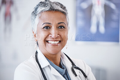 Buy stock photo Senior woman, doctor and portrait smile for healthcare, anatomy or cardiology at hospital. Face of happy elderly female medical professional smiling with teeth for health or life insurance at clinic