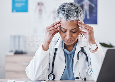 Buy stock photo Senior woman, doctor and headache in burnout, stress or anxiety for healthcare at the hospital. Tired elderly female medical professional suffering from bad head pain, migraine or ache at the clinic