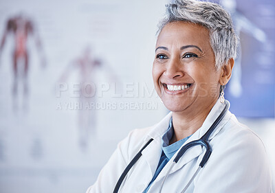 Buy stock photo Senior woman, doctor and smile for healthcare, thinking or cardiology at the hospital. Face of happy elderly female medical expert smiling with idea for health or life insurance at clinic on mockup