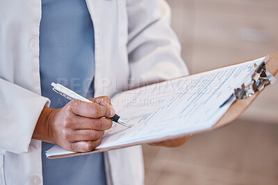 Buy stock photo Doctor, woman hand and clipboard with pen and consultant contract for insurance document. Hospital, clinic and healthcare worker with writing and paperwork for report and surgeon application