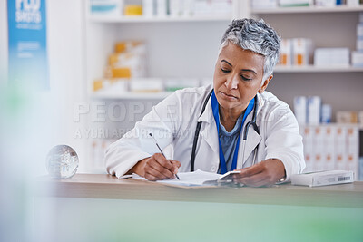 Buy stock photo Woman, doctor and writing on clipboard at pharmacy for healthcare prescription, diagnosis or inventory at counter. Female medical professional taking notes on pharmaceutical products at the clinic