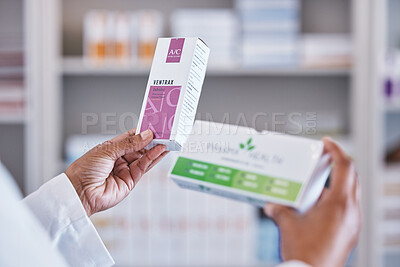 Buy stock photo Doctor, hands and drugs for healthcare prescription, diagnosis or cure for illness or pain at pharmacy. Hand of medical expert or pharmacist with medicine, pills or medication for health insurance