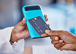 Doctor, hands and credit card in healthcare payment, electronic transaction or purchase at pharmacy. Hand of patient or medical pharmacist paying for service, finance or consultation on mobile device