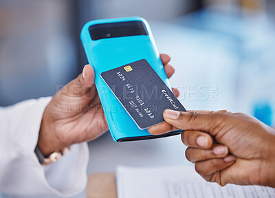 Buy stock photo Doctor, hands and credit card in healthcare payment, electronic transaction or purchase at pharmacy. Hand of patient or medical pharmacist paying for service, finance or consultation on mobile device