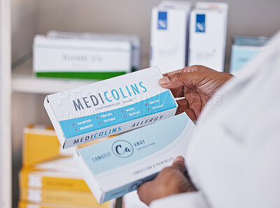 Buy stock photo Doctor, hands and pharmacy medication for healthcare prescription, diagnosis or cure for illness or pain. Hand of medical professional or pharmacist with medicine, pills or drugs for health insurance