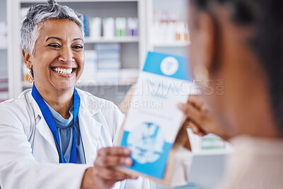 Buy stock photo Smile, pharmacist with prescription drugs in package and advice on health care, medicine and insurance. Healthcare, pharmacy and woman consultant at clinic with medical information with pills in bag.