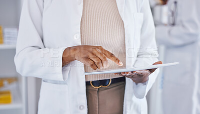 Buy stock photo Doctor, woman and hands on tablet for healthcare, Telehealth or research at the pharmacy. Hand of female medical professional in data analysis or health insurance holding technology at the clinic