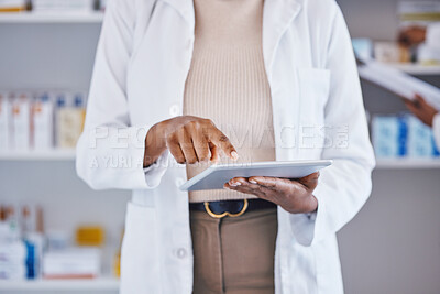 Buy stock photo Doctor, woman and hands on tablet for medical research, Telehealth or inventory at pharmacy. Hand of female healthcare professional in data analysis or health insurance holding technology at clinic