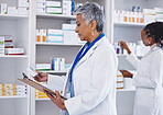 Woman, doctor and inventory inspection at pharmacy for healthcare, medication or prescription stock. Female medical expert checking and reading pharmaceutical products, pills or drugs at the clinic