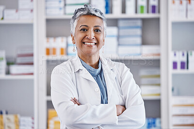 Buy stock photo Senior woman, pharmacist and arms crossed in portrait for healthcare, medicine or entrepreneurship at store. Female pharma expert, happy and excited face for small business, service and wellness shop