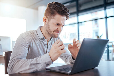 Buy stock photo Business man, angry or stress and laptop glitch in office while frustrated with internet or connection. Male entrepreneur with anger, depression and mental health problem or online error or mistake