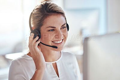 Buy stock photo Call center, computer and smile with woman in office for customer service, technical support and advice. Technology, contact us and communication with happy employee operator in help desk agency