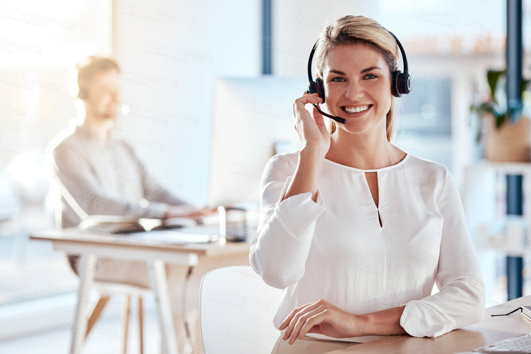 Buy stock photo Portrait, customer service and smile with a woman consultant working in her office for after sales support. Call center, contact us and crm with a young female employee consulting using a headset