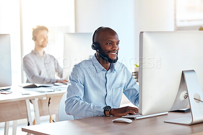 Buy stock photo Call center, computer and online with black man in office for customer service, technical support and advice. Technology, contact us and communication with employee operator in help desk agency